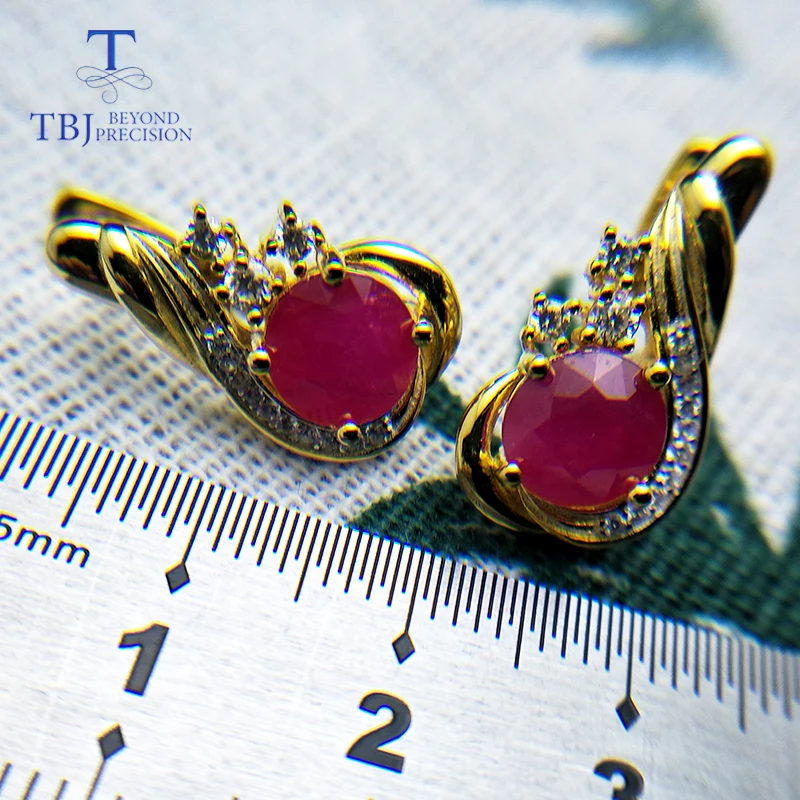 TBJ,natural ruby gemstone simple classic design earring in 925 sterling silver yellow gold color best engagement gift for women