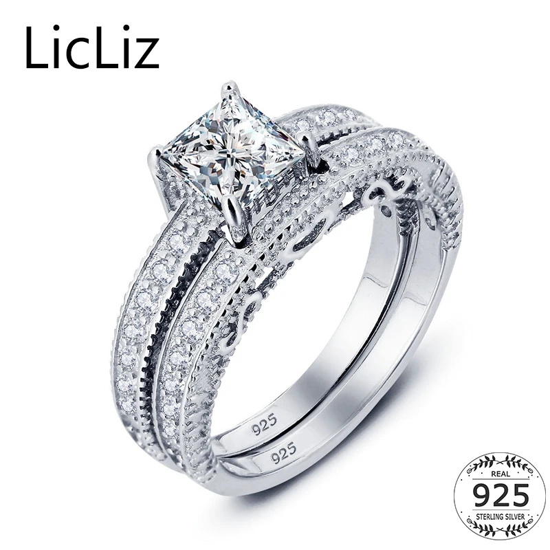 

LicLiz Micro Pave 925 Sterling Silver CZ Eternity Rings Wedding Band Cubic Zirconia Bridal Ring Set Square Solitaire Ring LR0495