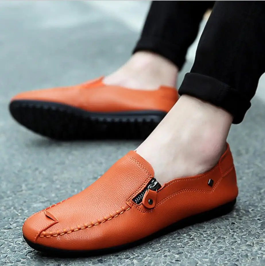 Дизайнерская мужская обувь; повседневные мужские лоферы; мокасины; дышащая обувь на плоской подошве; кожаная обувь на молнии; кроссовки; mocassin homme; D62 - Цвет: Orange