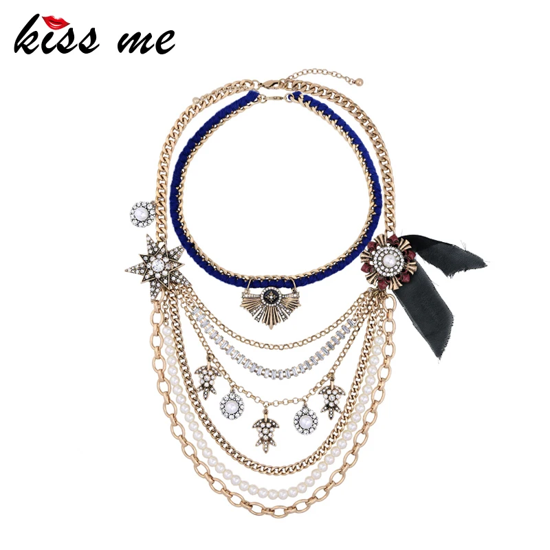 

KISS ME Hyperbole Multilayer Necklaces for Women Antique Gold Color Long Chain Maxi Necklace Fashion Jewerlry