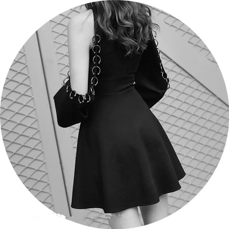 Платье женское черное с высокой талией и длинным рукавом 2019|Платья| |