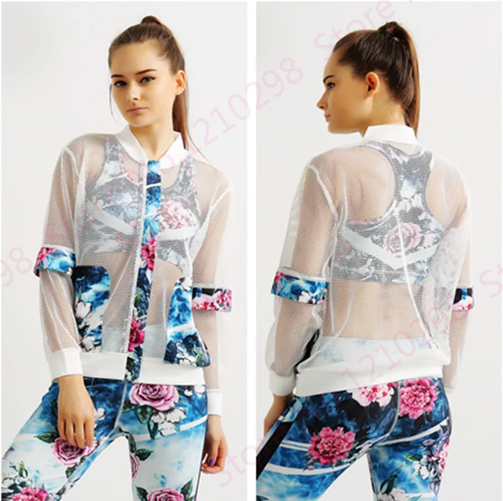 Printed Retro Flower Sport Jacket Sun Protection Zipper Women White Jacket Summer Pockets