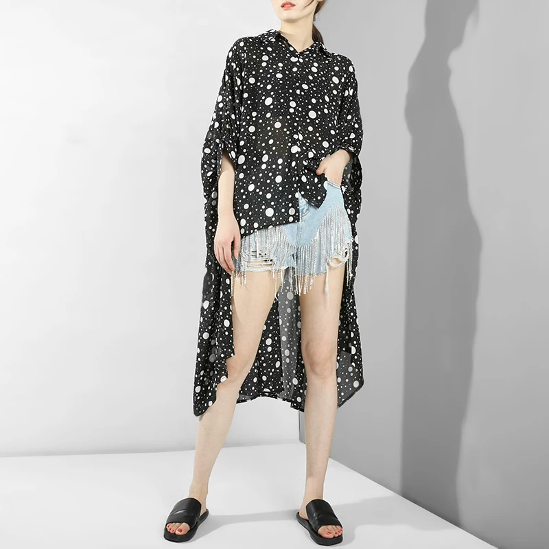 [EAM] 2019 جديد الربيع الصيف التلبيب كم طويل أسود نقطة المطبوعة عودة طويلة الشيفون كبير حجم قميص المرأة بلوزة الأزياء المد JR45