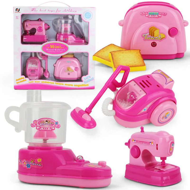

4 Pcs/Set Children House Play Toy Cute Mini Home Appliances Role Play Bread Machine Juicer Vacuum Cleaner Baby Girls Toys Gifts