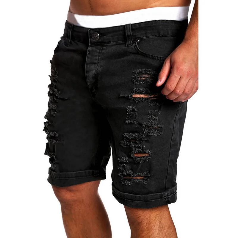 

CYSINCOS Men's Regular-Fit Denim Short Jean Pants Summer Slim Skinny Straight Casual Jeans Men's Solid Fashion Hole Jean Shorts