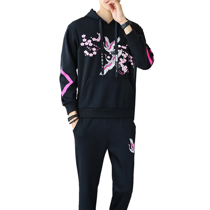 Men's tide men's winter thickening plus velvet two-piece suit long-sleeved sweater casual sports hooded printed Hoodies suit