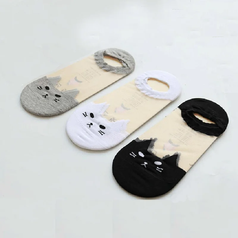 3 пары женских носков прозрачные однотонные носки с милым рисунком кота летние женские носки-башмачки с забавными животными Meias