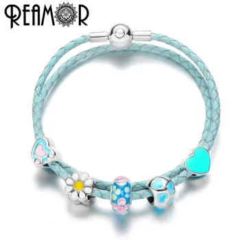 

REAMOR Light Blue Genuine Leather Women Bracelet Jewelry Heart & Flower Beads European Charms Bracelets & Bangles Girl Love Gift