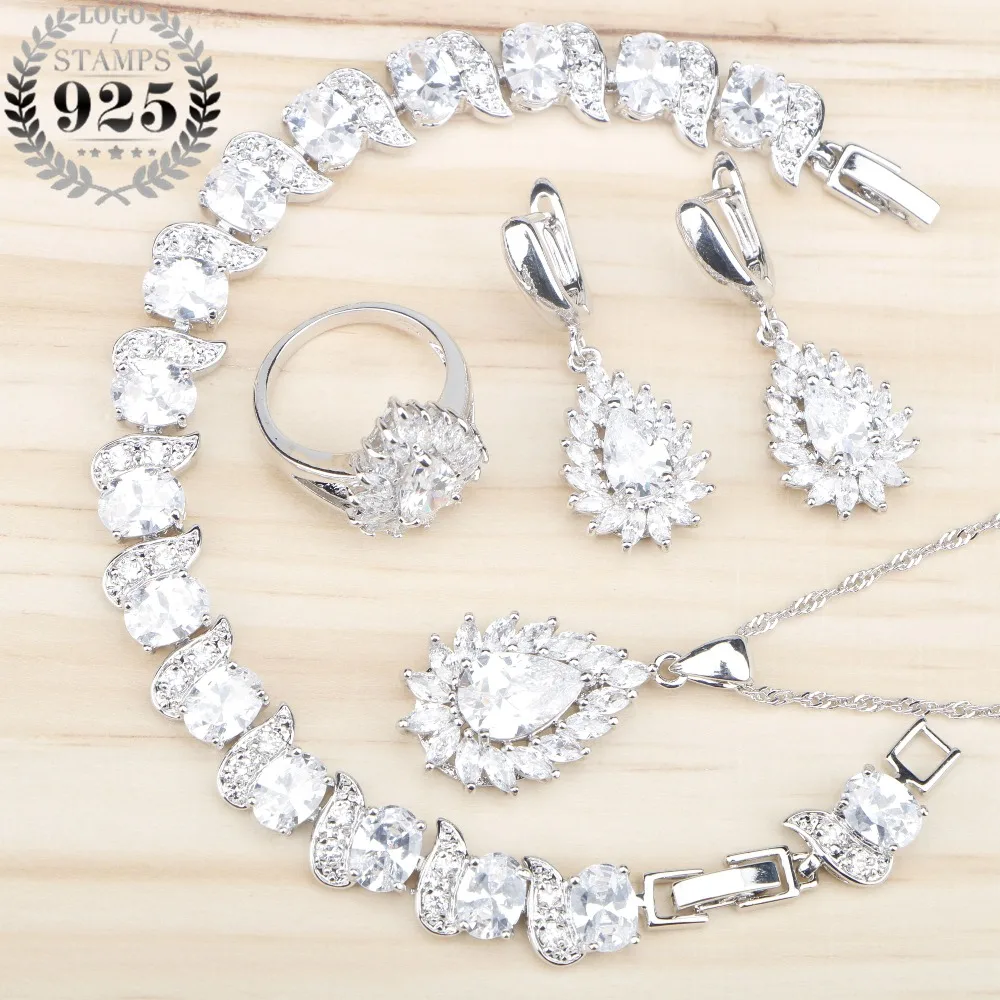 Белый циркон Рождество 925 серебряная бижутерия наборы для женщин кулон ожерелье браслеты кольца серьги с камнями подарочная коробка