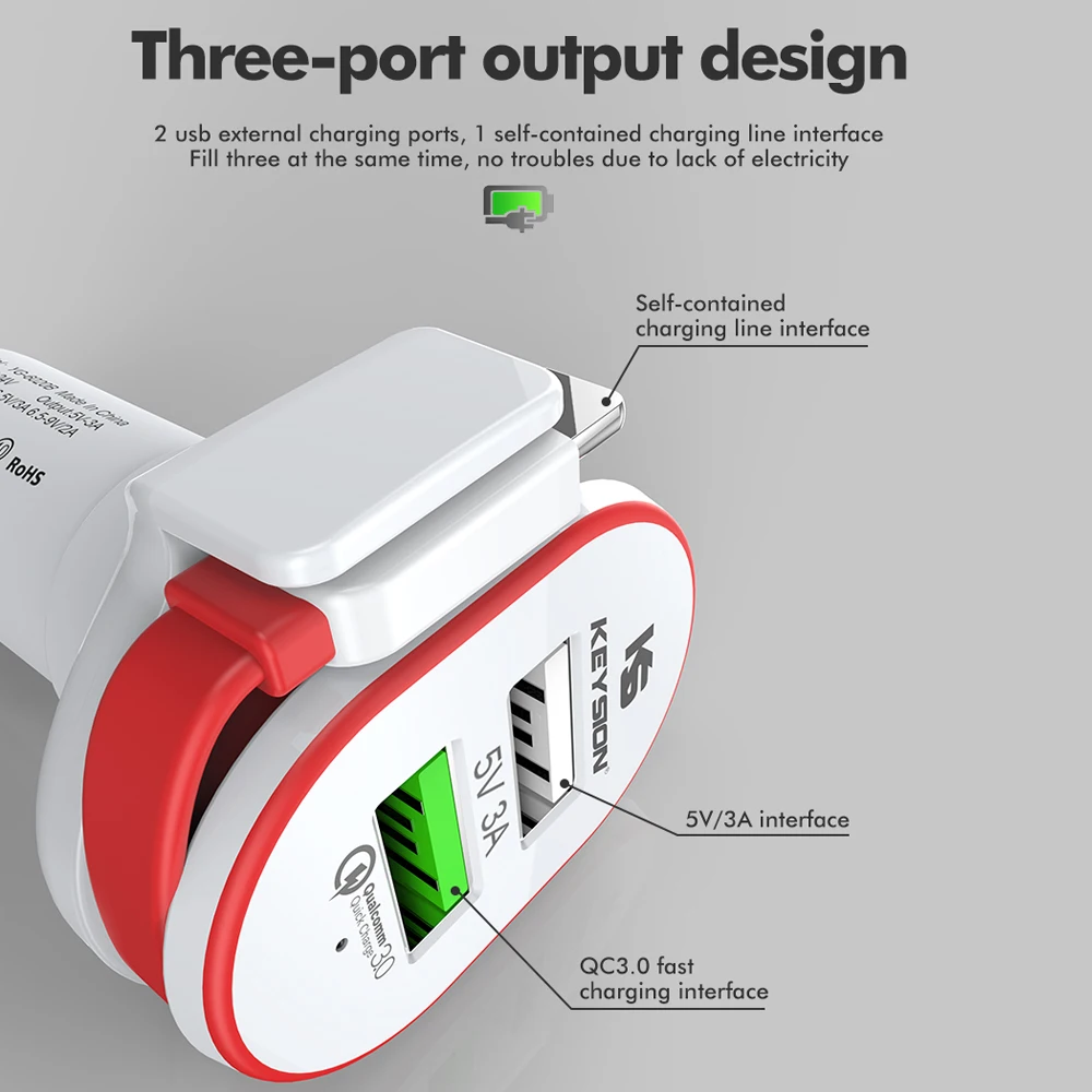KEYSION 2 ميناء 33 واط سريعة تهمة 3.0 شاحن سيارة QC 3.0 + 5 فولت/3A USB سريع شاحن المحمول الهاتف محول السفر سيارة-تهمة مع كابل