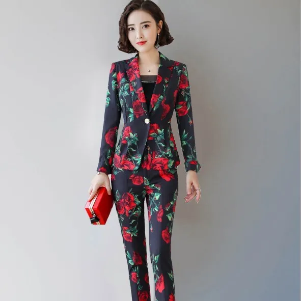 Fashion Elegant Business Pant Suits For Women Blazer and Trouser 2 Piece Set Ladies Floral Print Pants Suits Office Work Outfit