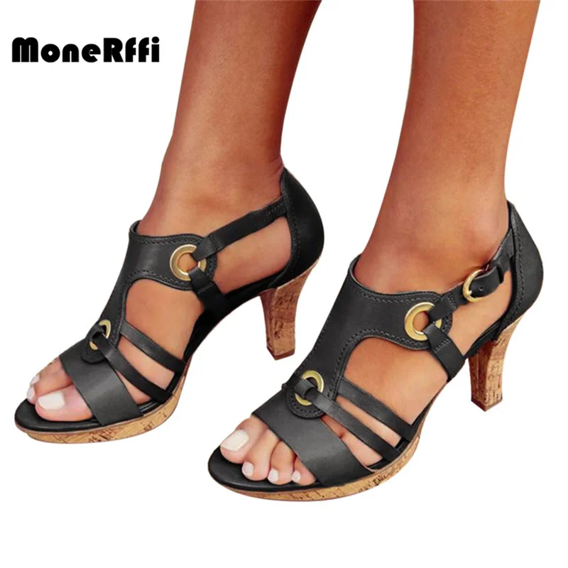 

MoneRffi Women Fashion Elegant Buckle Ankle Strap Sandals Female Bohemian Style Summer High Heels Open Toe Shoes Large Size