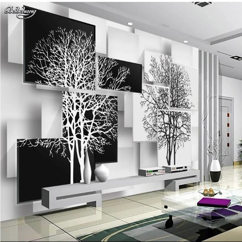 

beibehang Custom large fresco simple black white tree TV backdrop nonwovens environmental wallpaper papel de parede para quarto