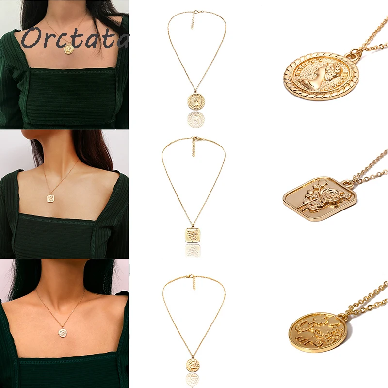 

Vintage Carved Coin Pendant Necklace Women for Fashion Female Gilrs Gold Angle Rose Chain Necklaces Pendants Fashion Jewelry