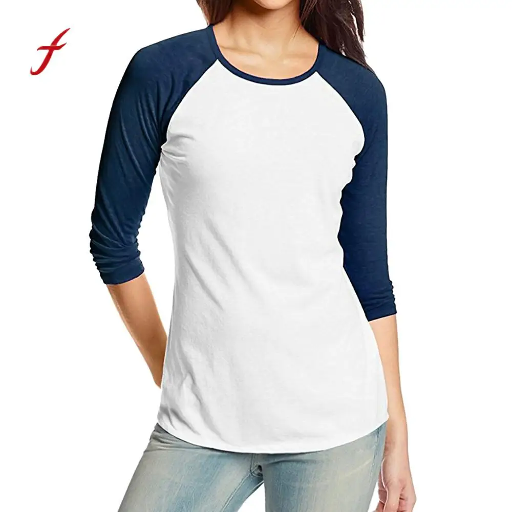 Feitong 2018 Autumn Women Slim Baseball T Shirts O Neck Patchwork Three