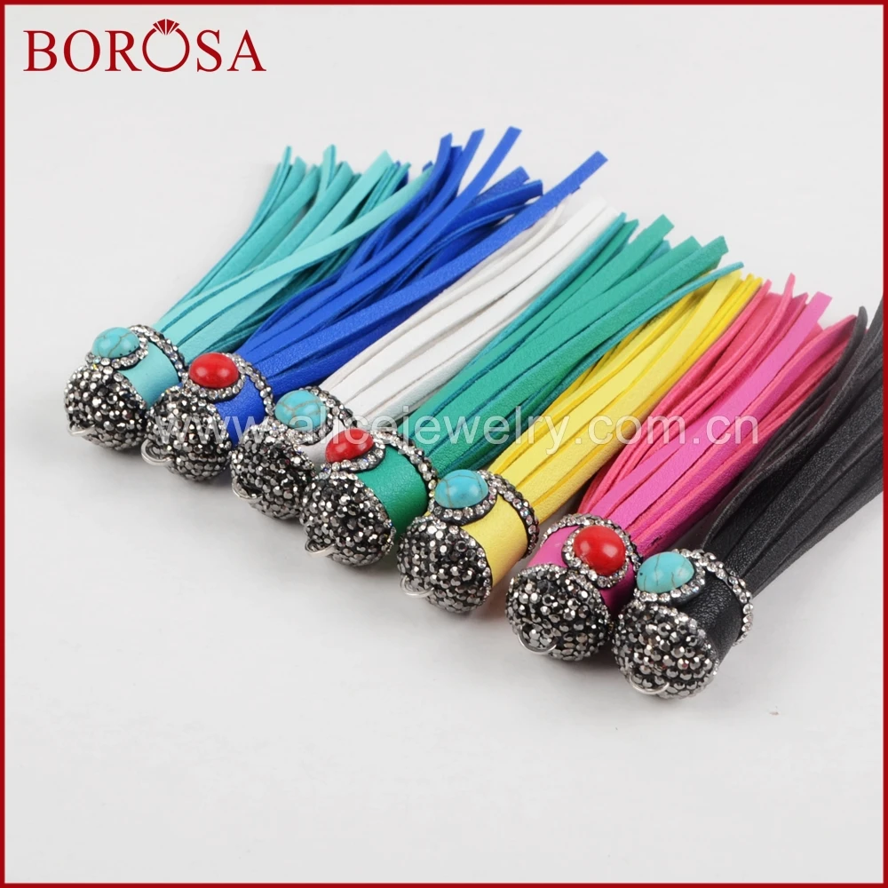 BOROSA кожа кисточка амулет стразы ПАВЕ шапки бусина с круглыми крашеными цветами