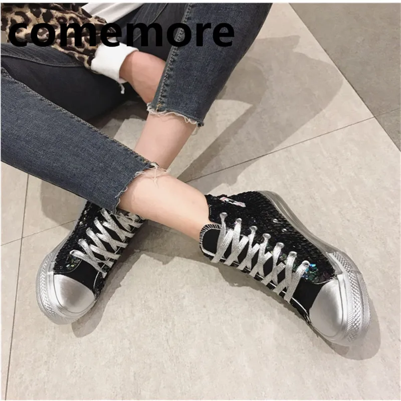 

Outdoor soft bottom new sequins high to help Korean students canvas old retro fashion strap flat-bottom shoes