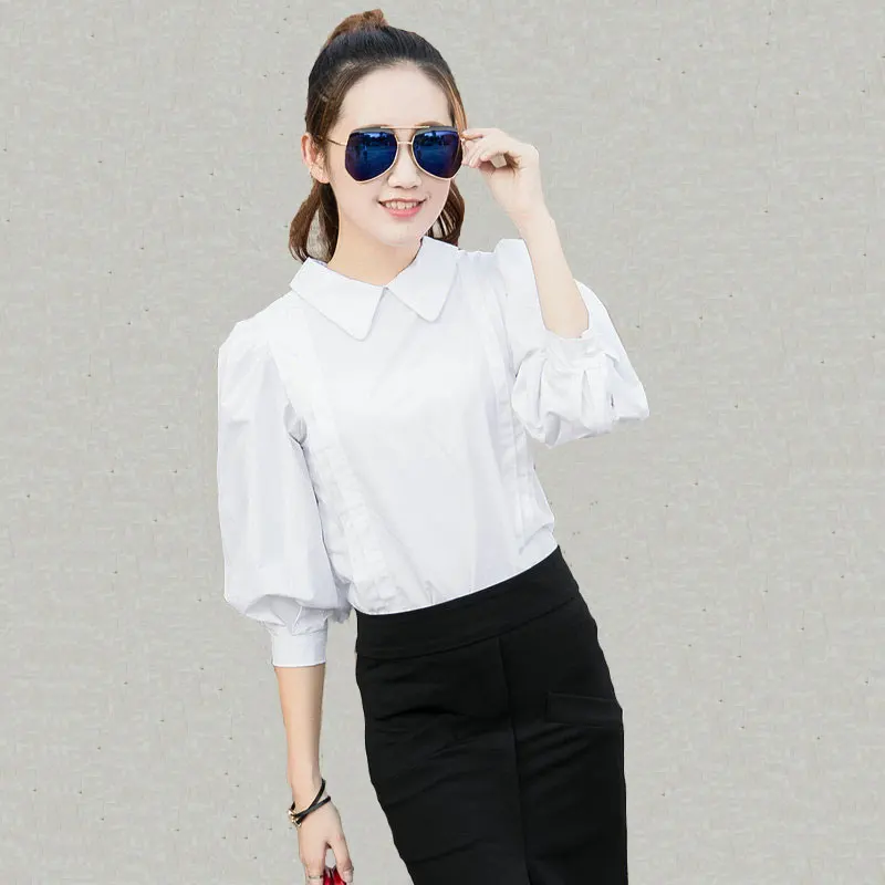 

Three Quarter Lantern Sleeve Shirt New Born Women Turn-down Collar Back Buttons Loose Puff Tops Vintage Cotton White Blouse