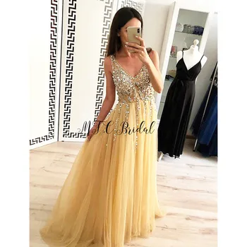 

Gorgeous Gold Tulle Long Evening Dresses Exquisite Sliver Beads Crystals V Neck A Line Arabic Prom Gowns 2019 Custom Made Dress