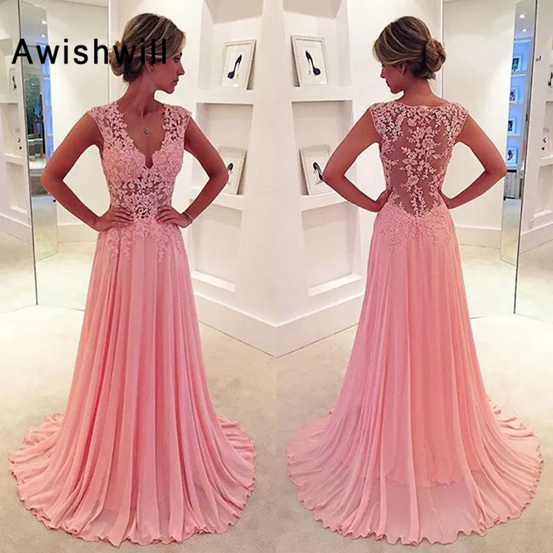 Sexy Pink Lace Evening Dresses Long 2019 V Neck A Line Prom Gowns Women Formal Party Dress Chiffon Robe De Soiree Sexy Pink Lace Evening Dresses Long 2019 V Neck A Line Prom Gowns Women Formal Party Dress Chiffon Robe De Soiree