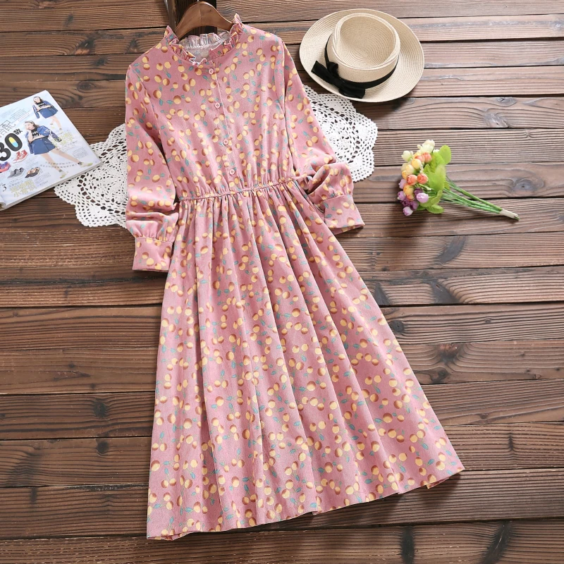 

Lady Vintage Dress 2018 New Autumn Winter Women Stand Collar Full Sleeved Floral Print Long Corduroy Dresses