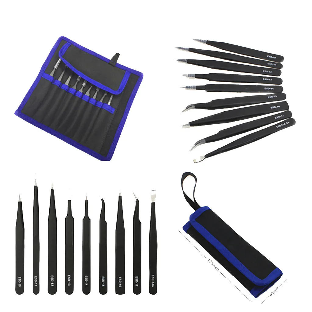 

9 Pcs Precision ESD Anti-Static Repair Stainless Steel Tweezers Set Kit Electronics Repairing Maintenance Tools #19/6