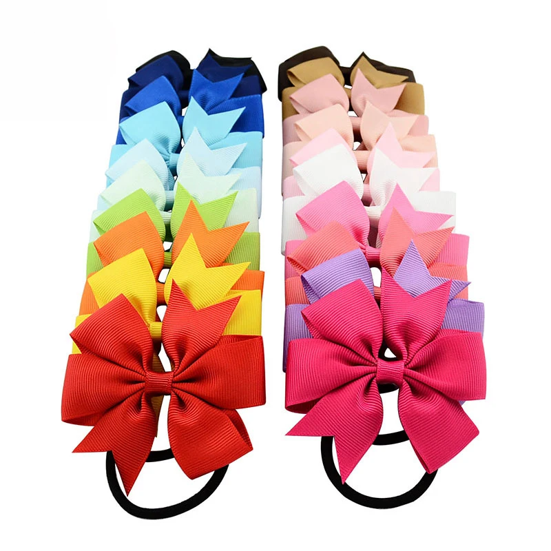 20Pcs/Lot Ribbon Bow Elastic Hair Bands Rope Ponytail Holder Kids fabric flowers Newborn Girls Hair Accessories