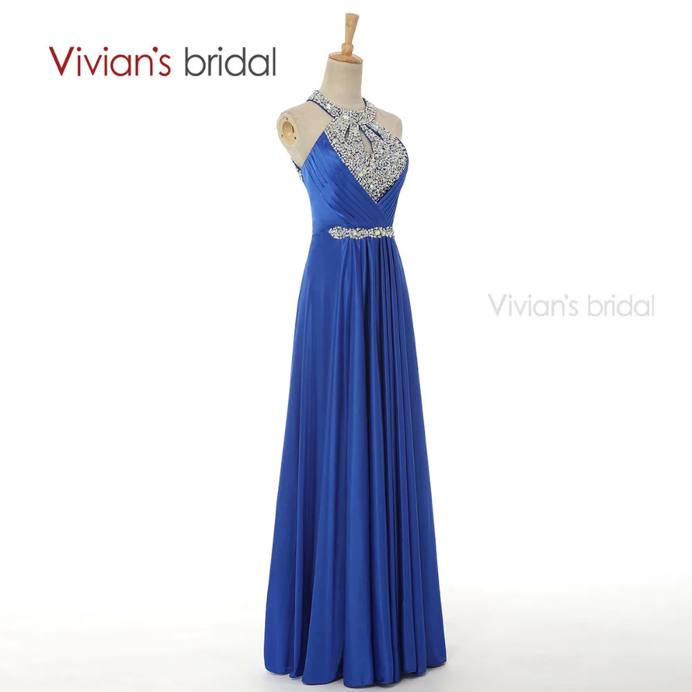 Vivian's Bridal A Line вечернее платье длинное Бисероплетение Кристалл Холтер атласное Формальное вечернее платье ED8010