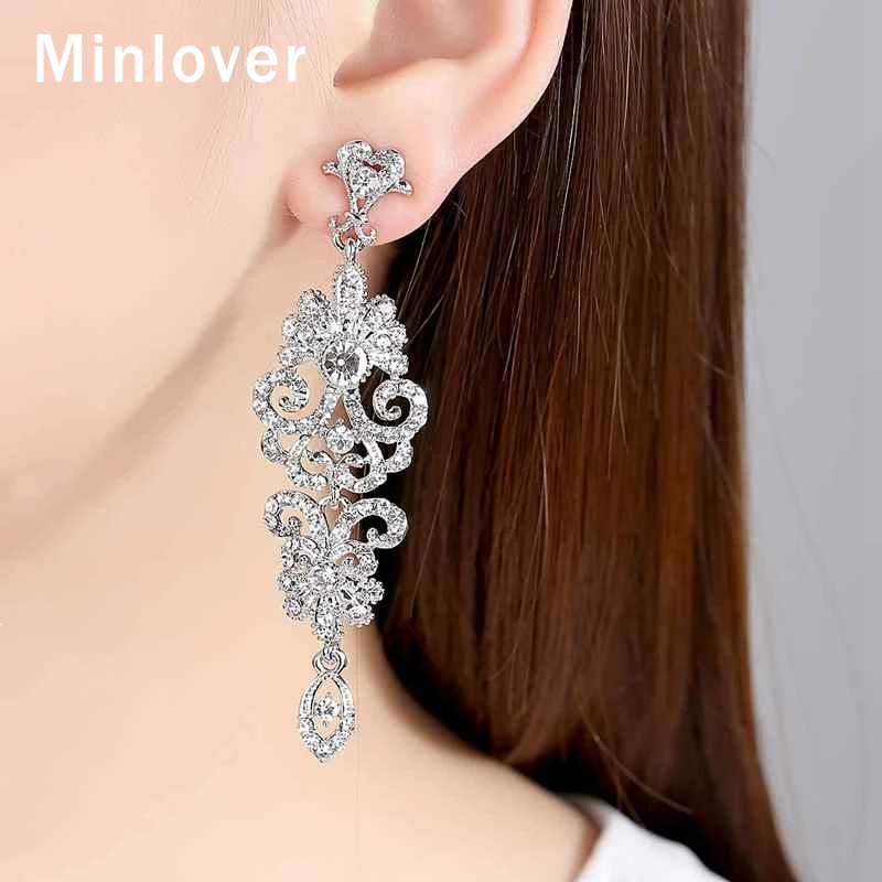 Роскошные цветочные длинные висячие серьги Minlover для женщин прозрачные кристаллы