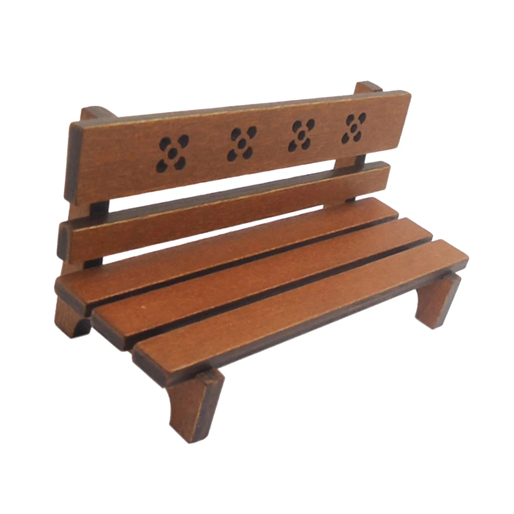 Dollhouse Miniature Outdoor Garden Chair Wooden Park Bench Long Chair Room Garden Furniture Accessories Brown