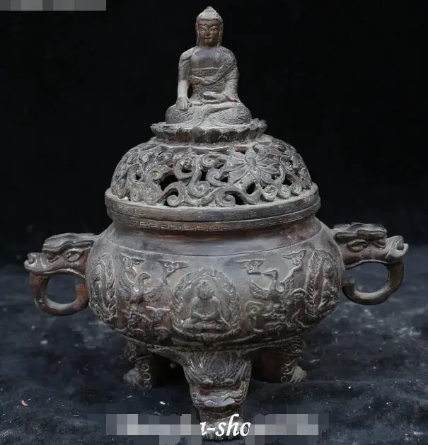 

9" Bronze Shakyamuni Buddha Dragon Lion 3 Foot Incense Burner Censer Incensory