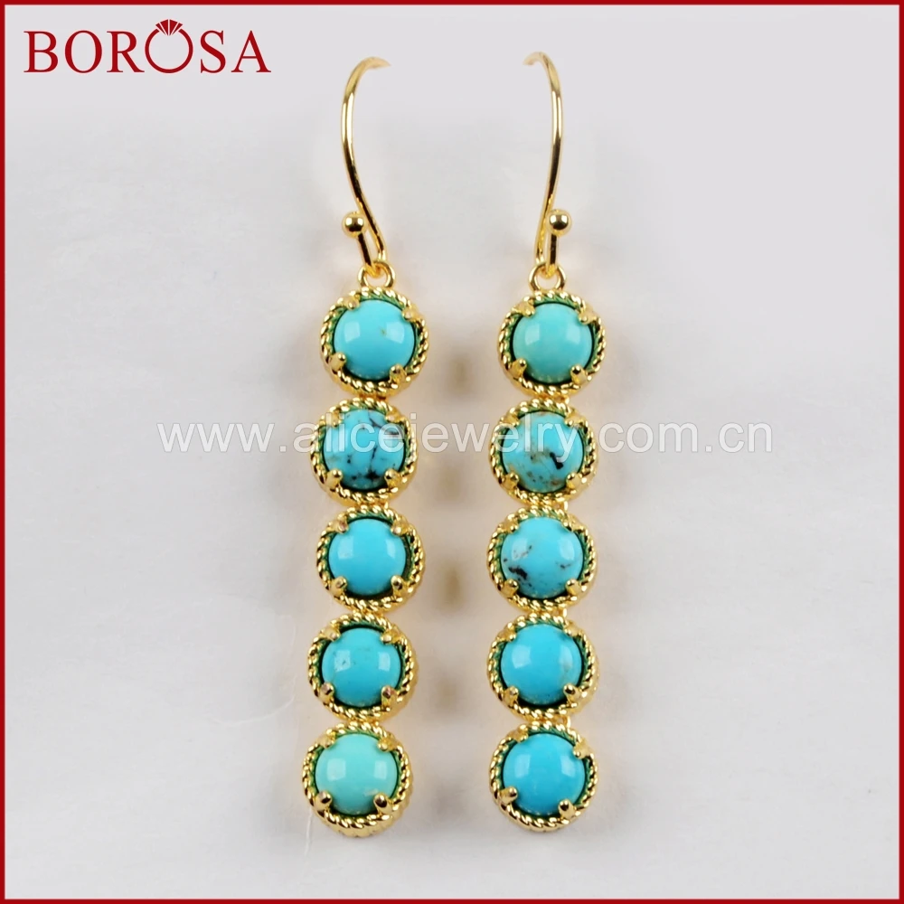 

BOROSA 3/5Pairs Gold Color Bezel Five Round Natural Turquoises Bar Earrings Natural Blue Stone Drop Earrings Jewelry ZG0336