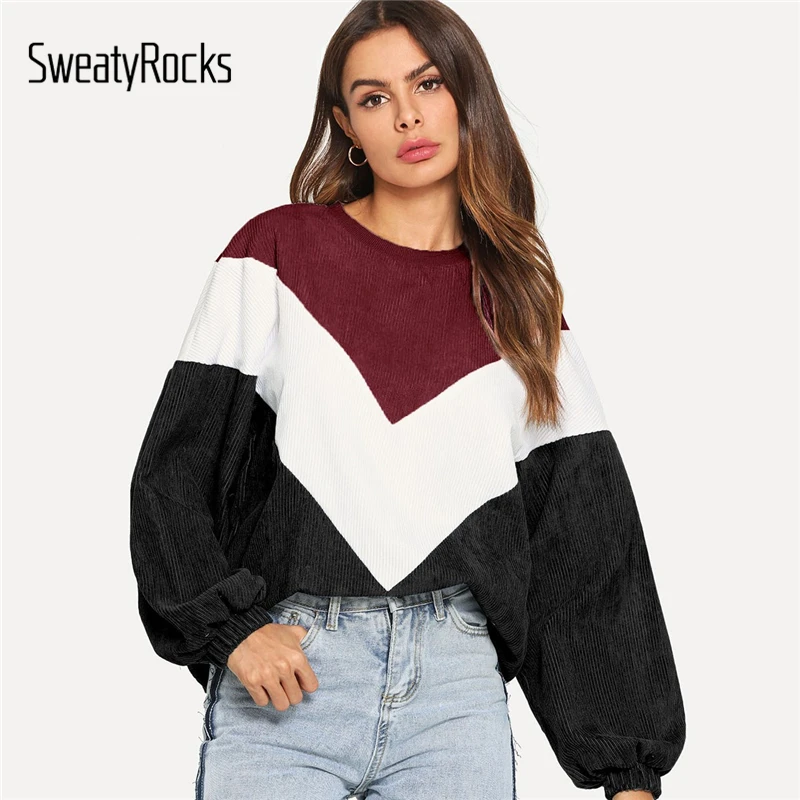 SweatyRocks Colorblock أسقف كم شيفرون البلوز الشارع الشهير البلوفرات قمم س الرقبة الربيع الخريف المرأة عارضة سوياتشيرتس