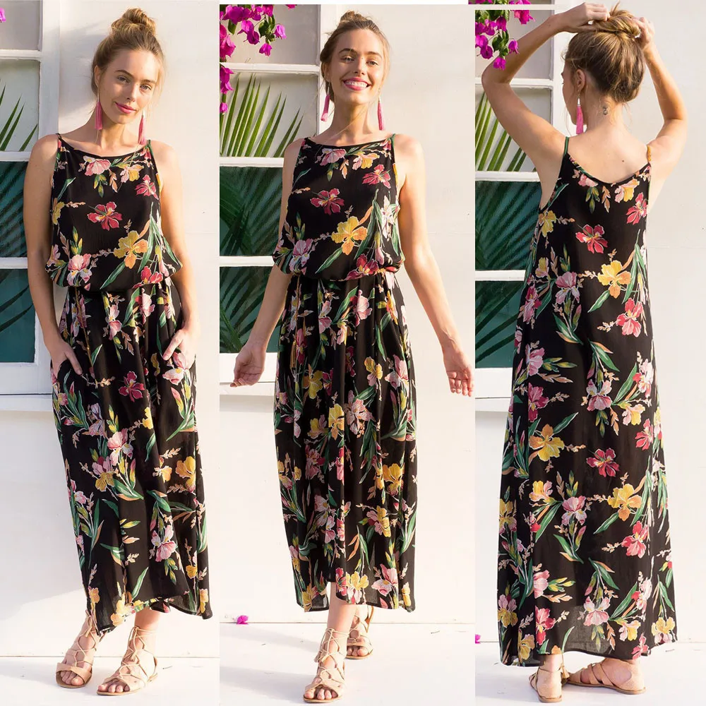 Новый 2018 для женщин платье Макси Boho Цветочные летние пляжные Длинные платья