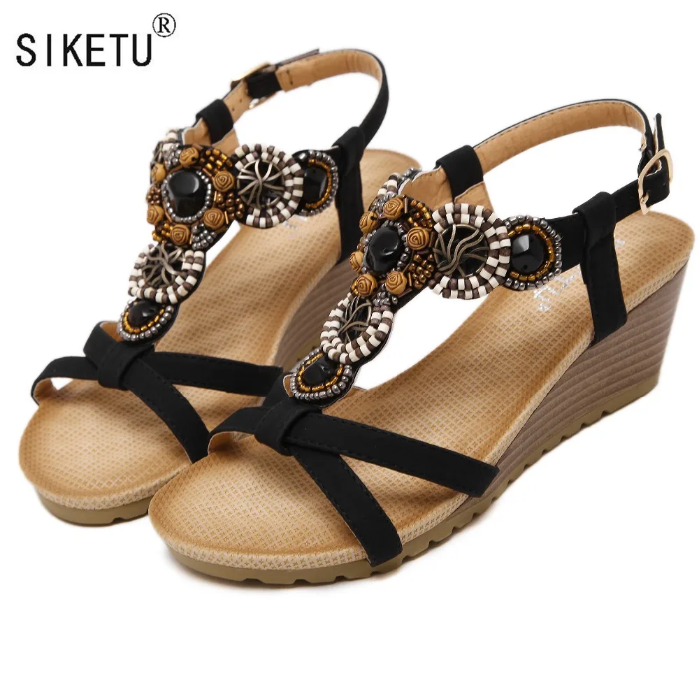 

SIKETU Brand 2017 Bohemia Wedge Women Sandals Summer Vintage Rhinestone Woman Flip Flops Beach Women Shoes