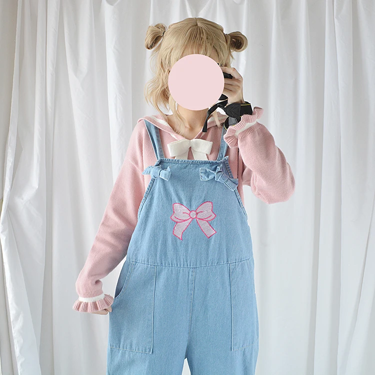 Милый джинсовый комбинезон с бантиками женский боди брюки Kawaii для девочек 2018