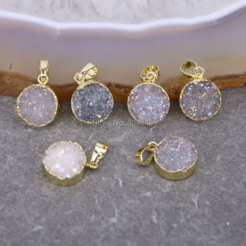 

5pcs Charm Titanium Stone Pendant, Round shape Gold color Drusy Quartz Gem stone Pendant Beads For Jewelry Making