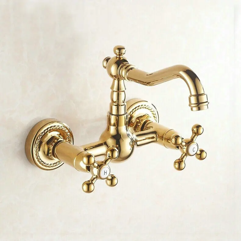 Golden Wall Mounted Faucets Kitchen Sink Bathroon Basin Sink Mixer Tap
