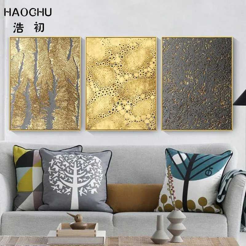 

HAOCHU Retro Gold Color Orange Slices Mushroom Vortex Line Plate Geometric Pattern Decor Picture Canvas Painting For Hotel Decor