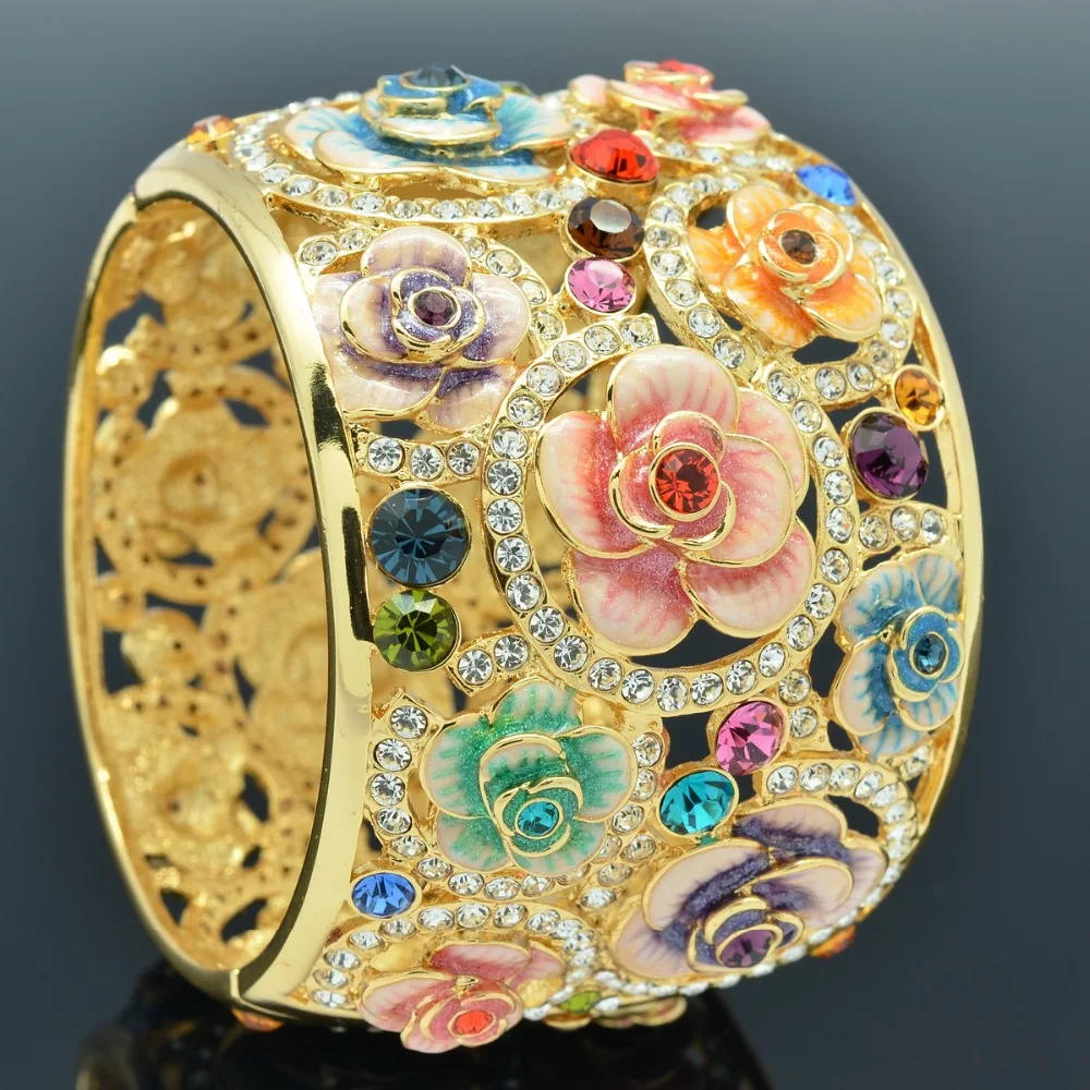 

High Quality Austrian Crystals Rhinestone Enamel Women Rose Flower Big Bracelet Bangle Cuff SKCA1767M On Sale