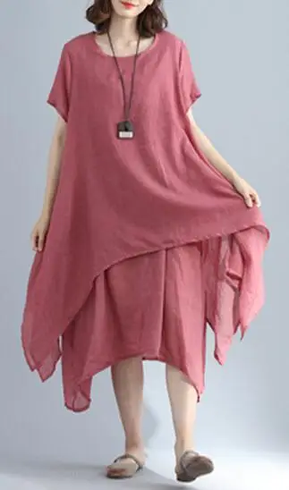 Robe femme ete летнее платье с коротким рукавом tunique femme свободное пляжное белое хлопковое льняное Женское Платье vestidos de festa - Цвет: Розовый