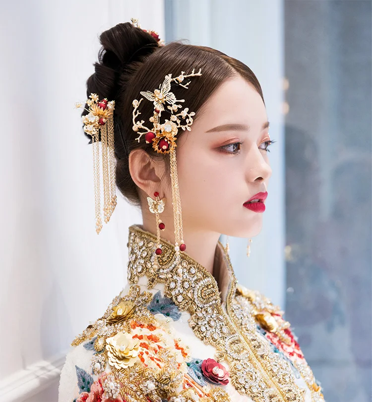 Ретро китайский стиль красный жемчуг Бабочка свадебные аксессуары для волос винтажный свадебный головной убор свадебные шпильки аксессуары для волос