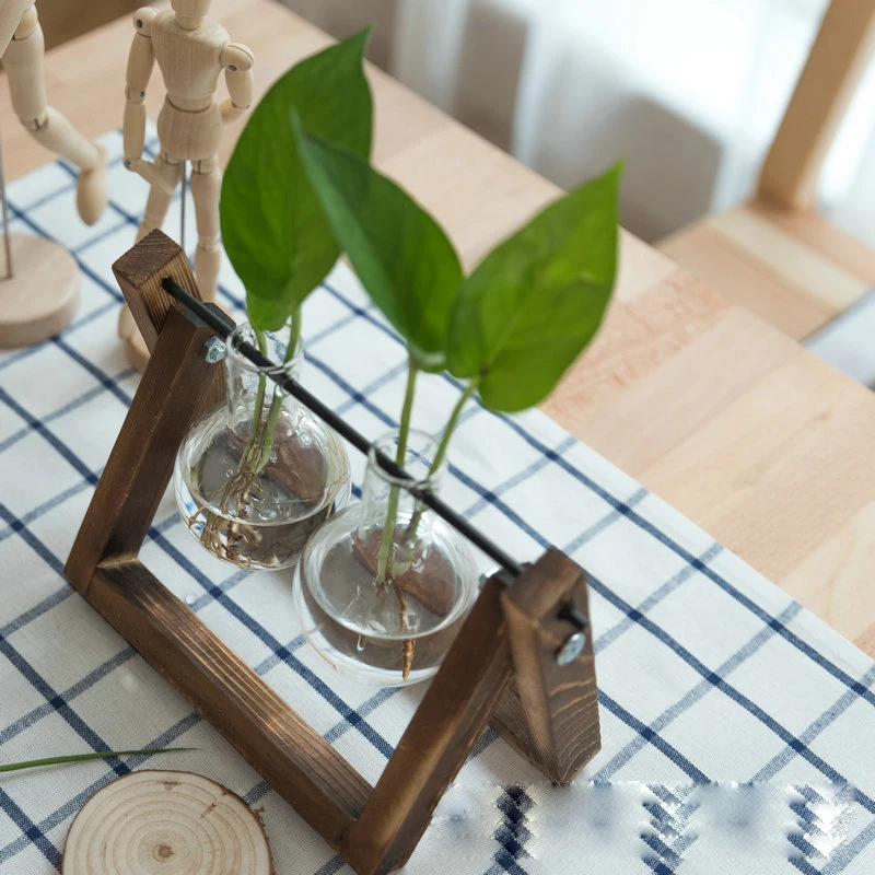 Glass and Wood Vase Hanging Flower Pots Planter Terrarium Table Desktop Hydroponics Plant Bonsai Pot Wooden Tray Dropshipping