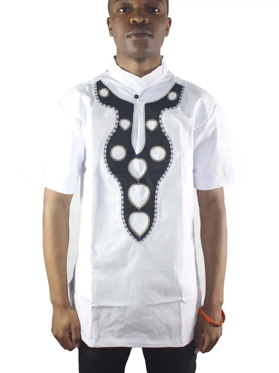 

Africa White Ethnic Embroidery Men`s Tops Side Slit Dashiki Shirts for Summer Wearing