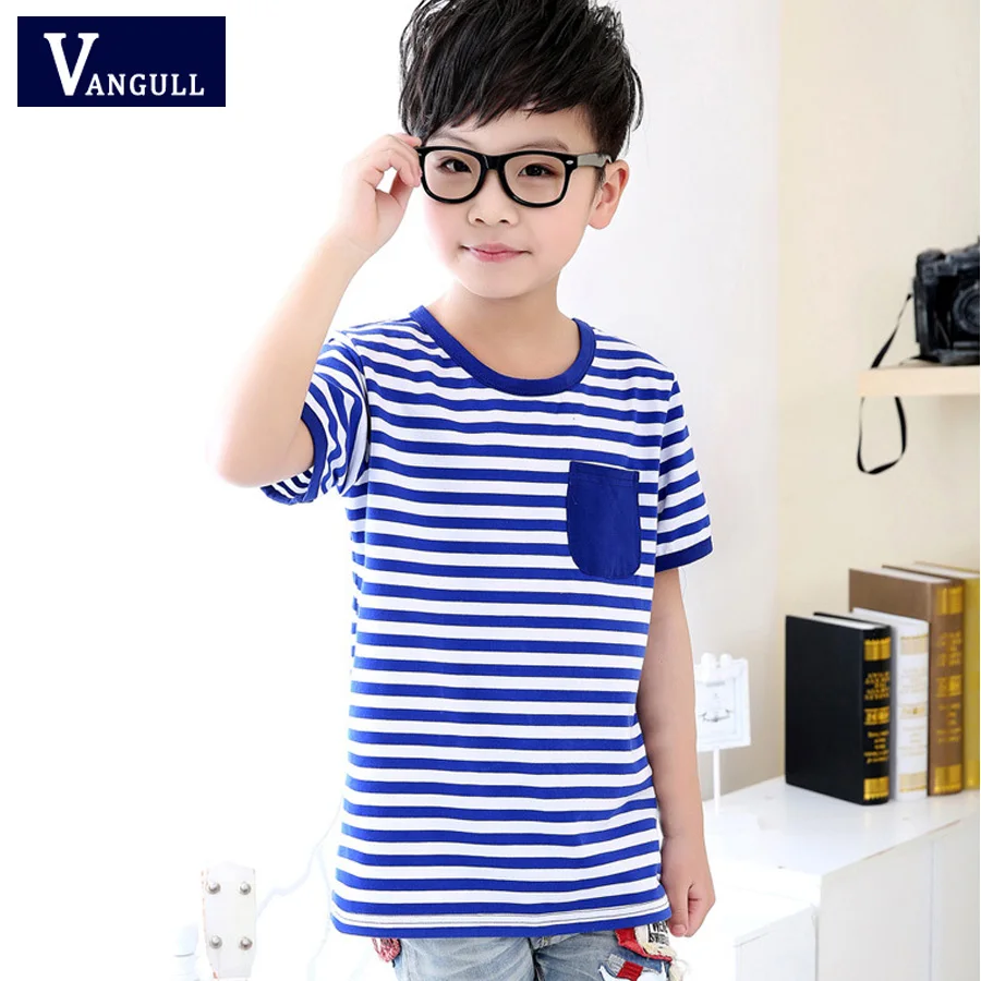 

boys t shirt 4-13 years old summer top kids clothes Horizontal stripes hit color pocket casual cotton kids t shirt fashion