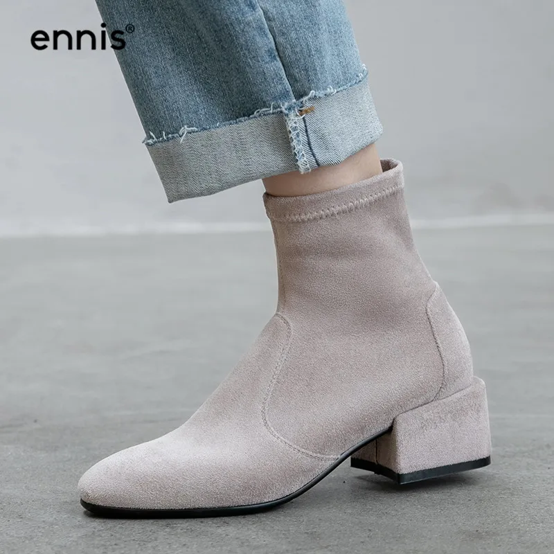 

ENNIS 2019 Autumn Flock Stretch Womens Boots Thick Heel Ankle Boots Winter Shoes Fashion Ladies Booties Black Brown Gray A966