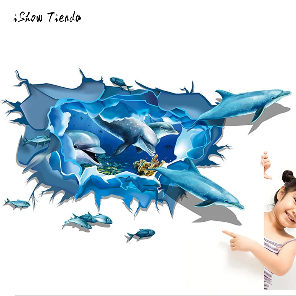 Removable Dolphin Decals Living Room Bathroom 3D Sea Ocean Stickers Wall Decal Mural DIY Decor