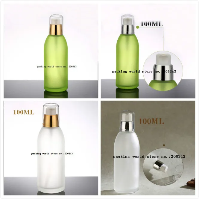 #*Cheap 100ml green frosted glass bottle with gold silver pump for serum emulsion lotion foundation whitening Cosmetic Packaging