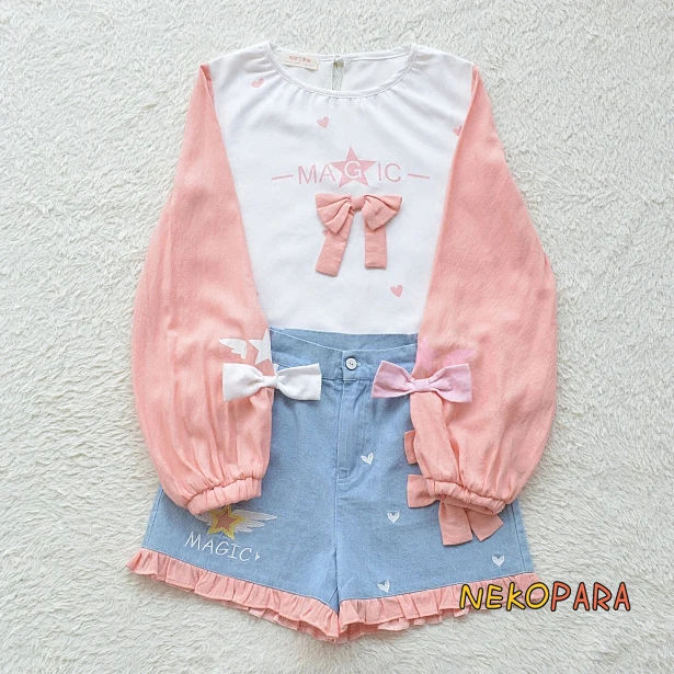 

Pink Magic Super Cute Girl's Summer 2pcs Women's Set Long Sleeve T-shirt Tee Tops & Cotton Jeans Style Shorts
