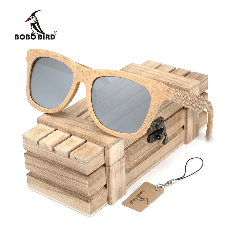 BOBO BIRD Okulary Bamboo солнцезащитные очки для женщин с серебряными поляризованными линзами для мужчин очки узор выгравированы